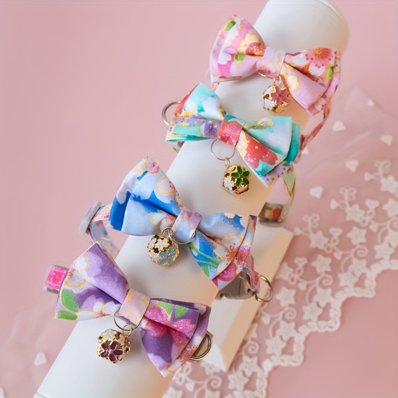 

1pc Adjustable Nylon Cat Collar With Floral Print Bow Tie And Bell, Cute Pet Necklace With Breakaway Design, Pet Supplies For Cats And Small To Large Dogs