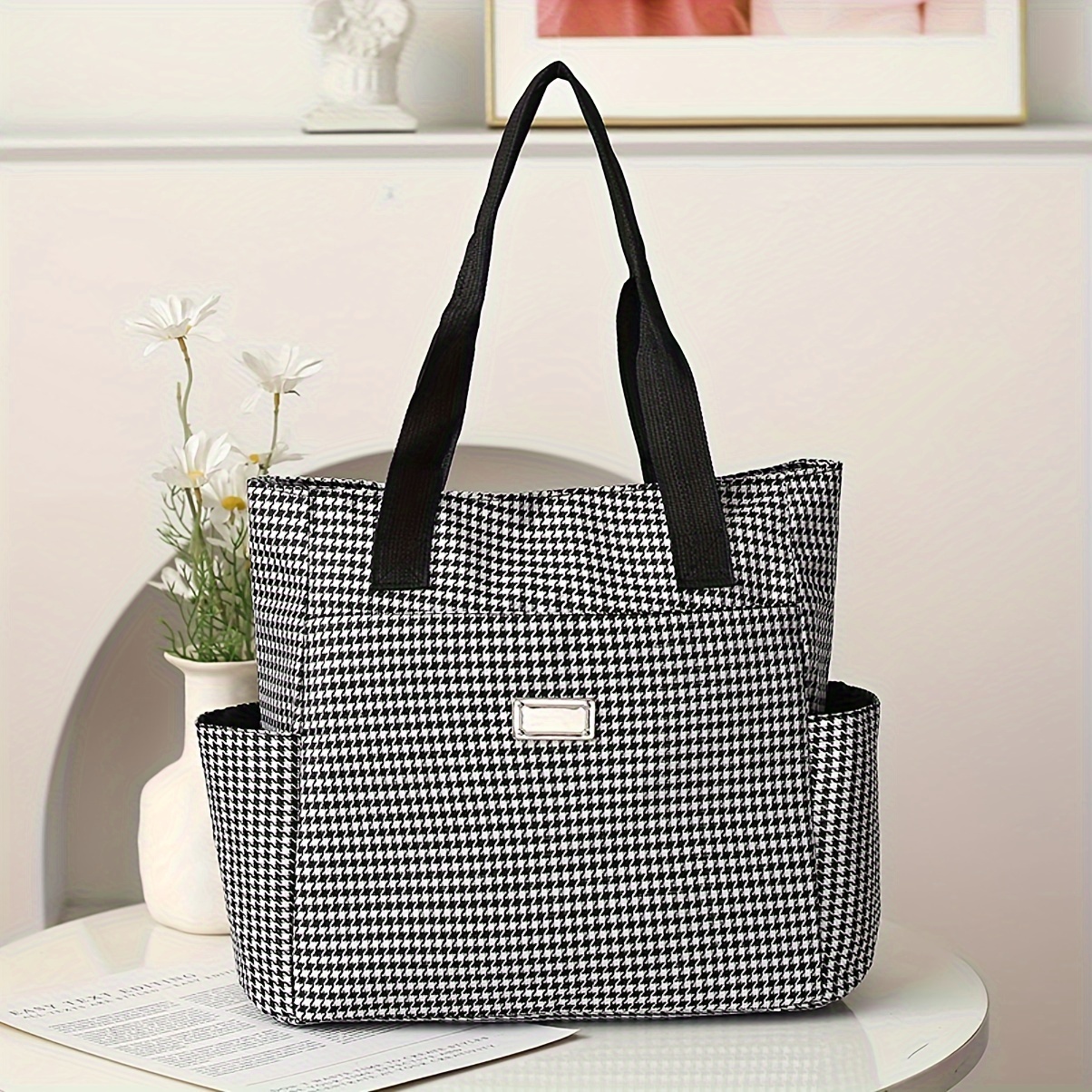 

Women's Fashion Tote Bag, Large Capacity Shoulder Handbag, Houndstooth Pattern, Nylon Material, Polyester Lining, Zipper Closure, No Print, No Oil Edging, Washable/dry Clean, Mixed Color