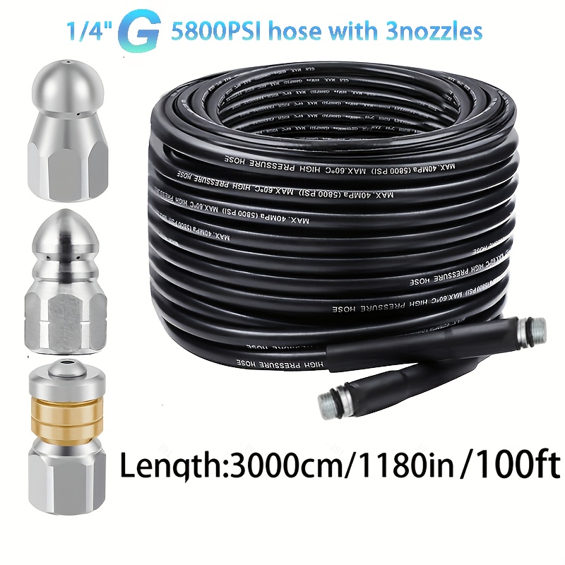 TEMU Pressure Washer Drain Set Kit, Newest 5800psi Drain Cleaner Hose, 1/4 Inch G With 3-pack 1/4" 5000psi Sewer Jetter Nozzles
