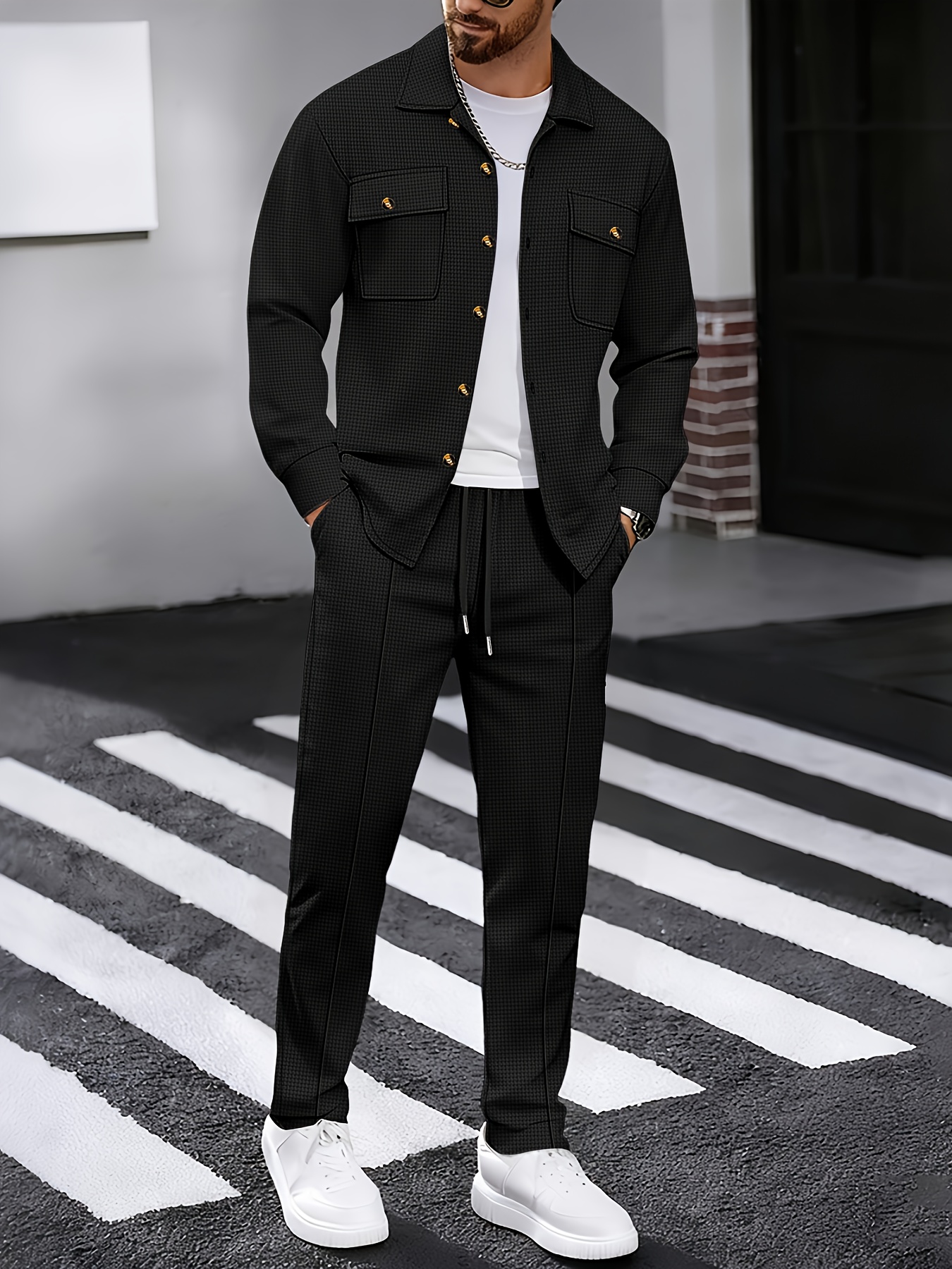 new mens   waffle casual set outdoor versatile high fashion mens button open shirt with collar chest double pocket top long sleeve coat long pants set two piece set