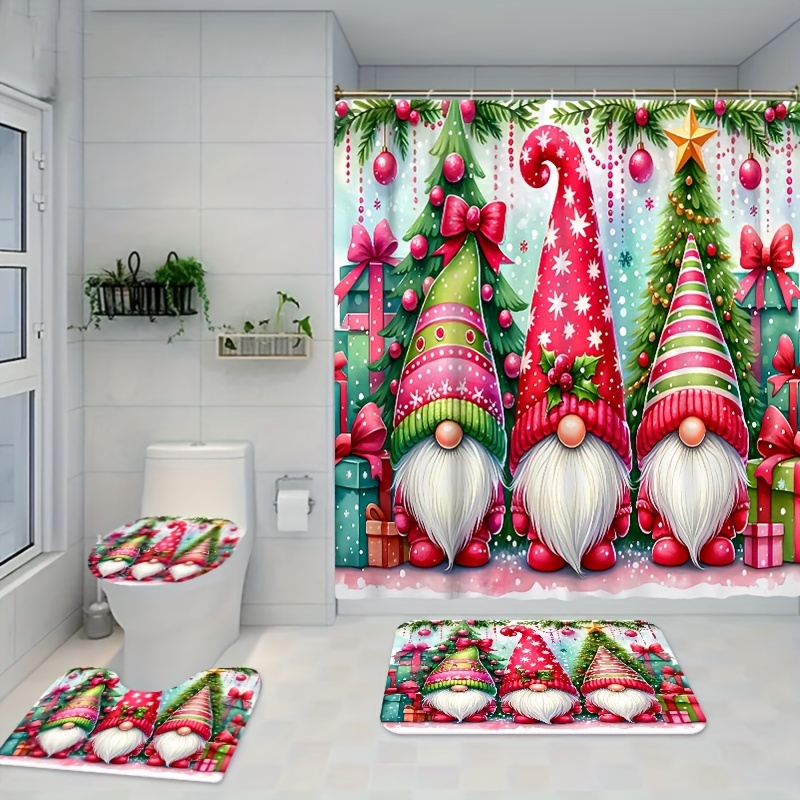 

1/3/4pcs Festive Christmas Bathroom Set, Colorful Gnome With Santa Hat Pattern, Includes Shower Curtain (70.8x70.8 Inches) With 12 Hooks, Toilet Lid Cover, Bath Mat And Pedestal Rug, Holiday Decor