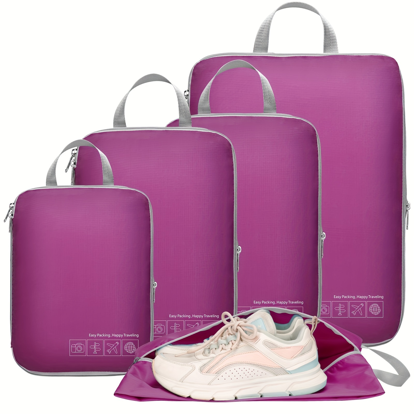 Travel Storage Bags Set Of 5 For Clothing Protection - 2 Small, 1 Medium, And 2 Large Compression Bags.