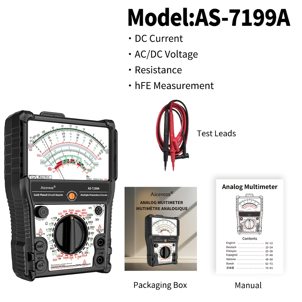 Aicevoos Multimeter, Ac Voltage Tester, Current Measurement, Pointer Multimeter, Resistance, Hfe, Buzzer, Battery