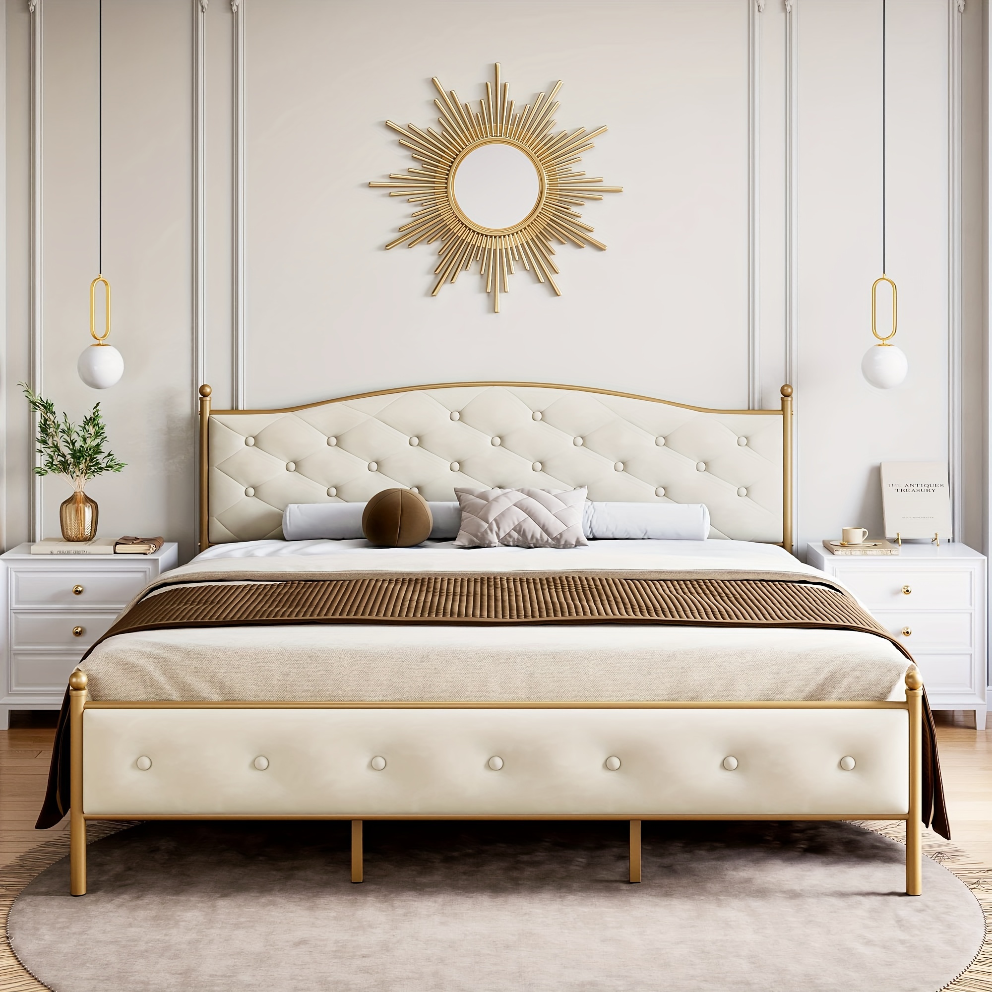 

1 Set Bed Frame, Velvet Upholstered Platform Bed With Button Tufted Headboard, Heavy Duty Mattress Foundation With Solid Wood Slats Support, No Box Spring Needed, Gold And White