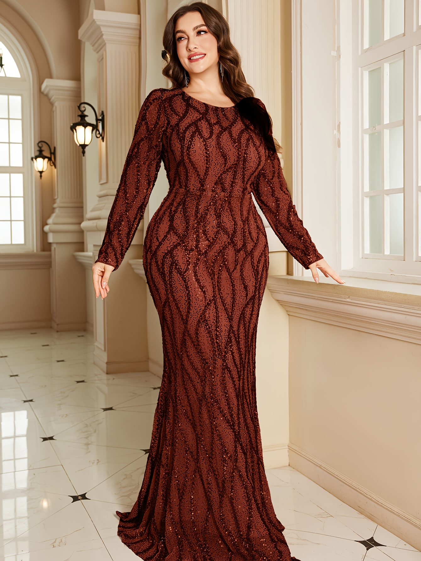 brown sequin dress plus size Plus Size Coffee Brown Sequin High Neck Long Sleeve A-Line Maxi Dress,  Elegant Summer Gown For Wedding, Prom,Party, Vacation & Festival