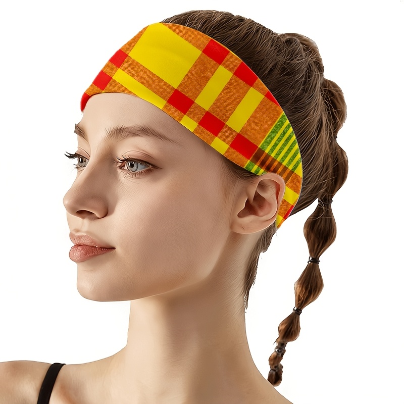 TEMU Bandeau 2D PLAT à extrémités torsadées à carreaux jaune-orange-rouge, pour Yoga / Salle de sport / Course / Vélo, Voyage / Sortie / Plage, Large