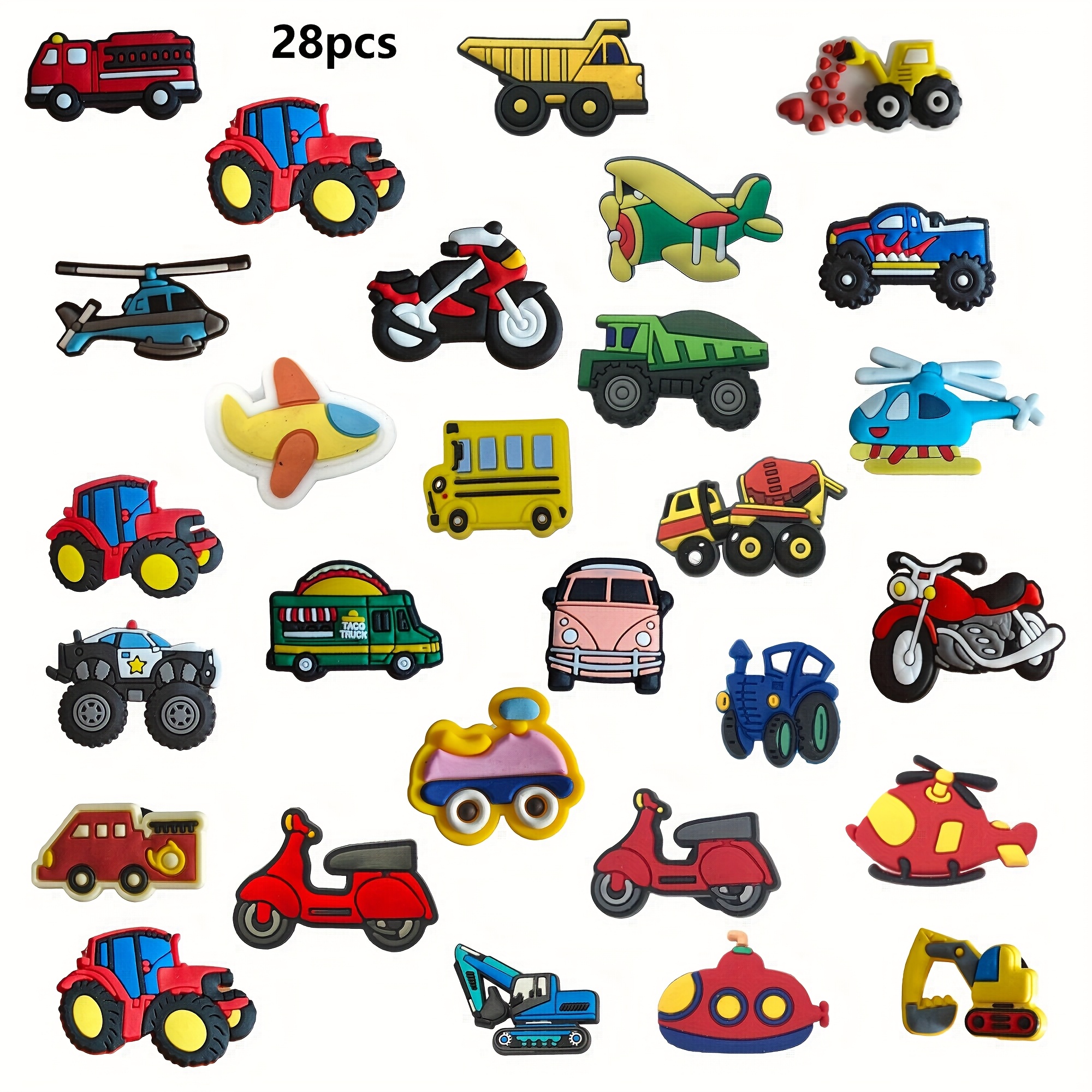Image of 28pcs Assorted Vehicle Shoe Charms For Clogs And Sandals - Style Plastic Pendants, Drops & Finials - Universal Hanging Decorations For Diy Footwear Customization, Suitable For Holidays