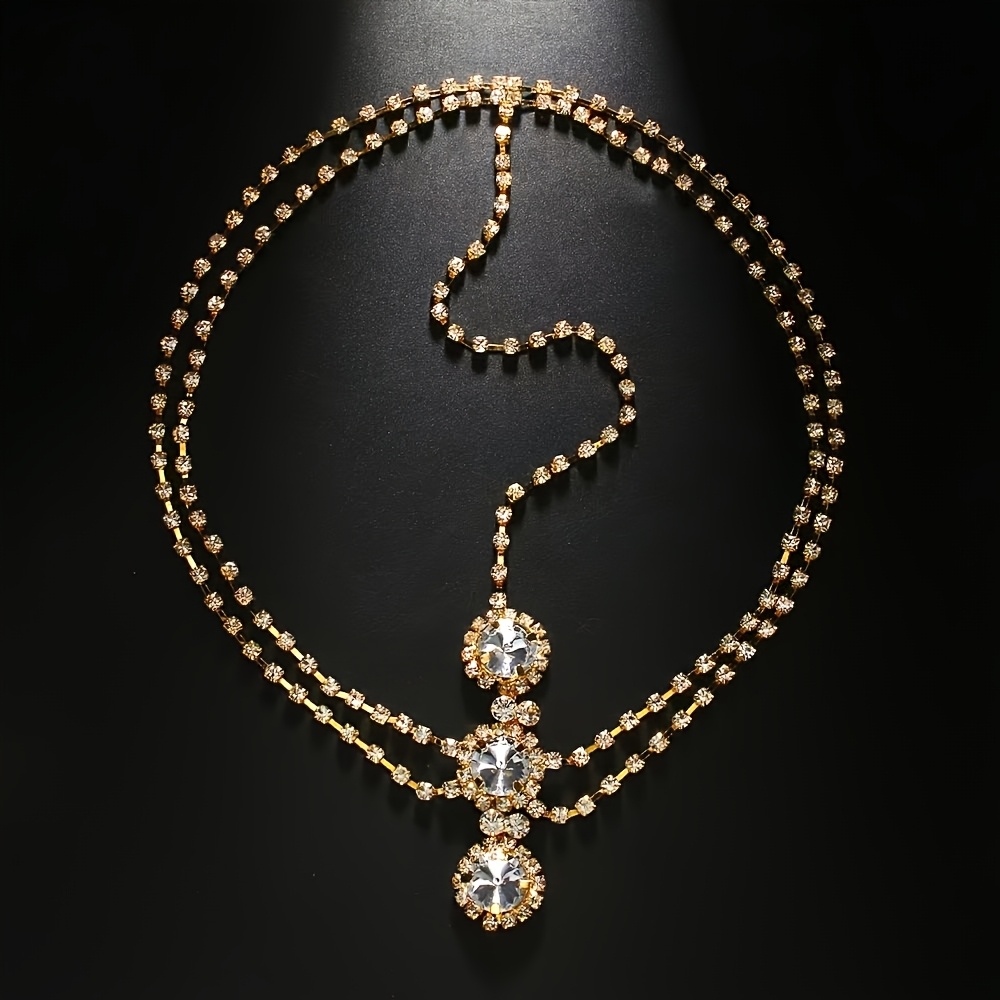 TEMU Retro 3-layer Round Pendant Necklace, Light Luxury Evening Wedding -match Sparkling Clavicle Chain