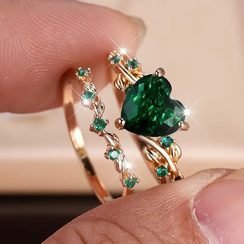2 Piezas/Set Anillo de Compromiso y Boda para Hombre con Zirconia Sintética en Forma de Corazón, Estilo Retro Minimalista y Lujoso, Ideal para Aniversarios y Ocasiones Especiales