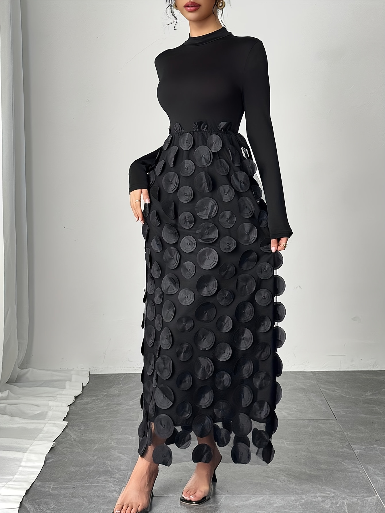 womens elegant mock neck long sleeve dress 3d round tulle - Temu Sweden