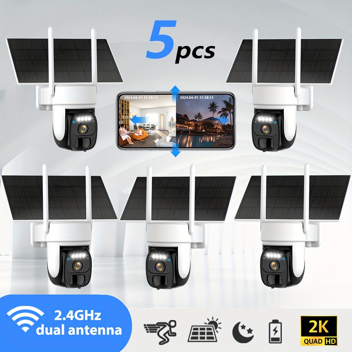 

5pcs Solar Outdoor Wireless Security Camera, 2k 360° Tilt Low Power Wifi Security Camera, Cctv 2.4g Wifi, Ptz With Detection, Color Night Vision, Audio, Storage, Application Connection