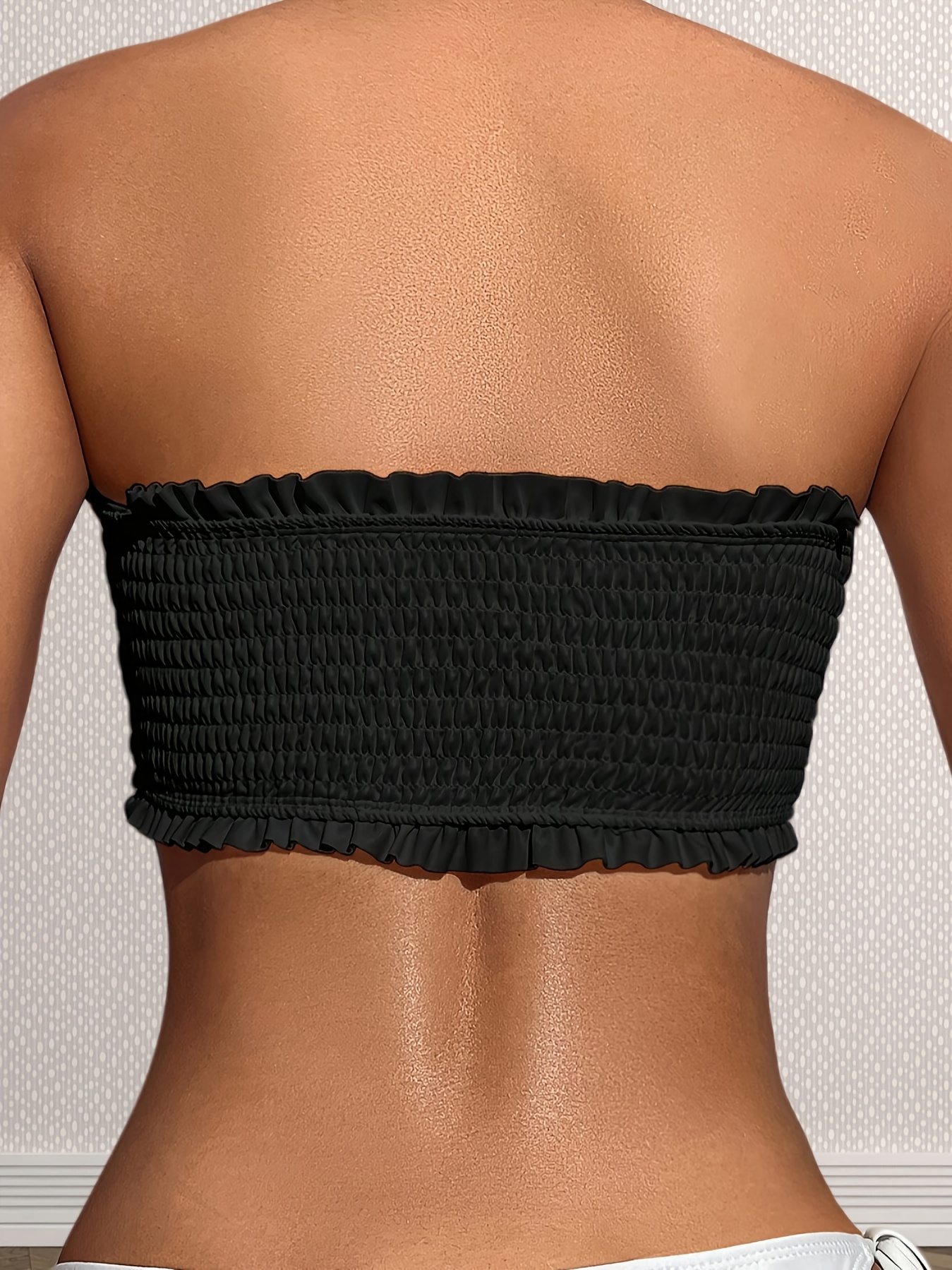 black smocked bandeau bikini top