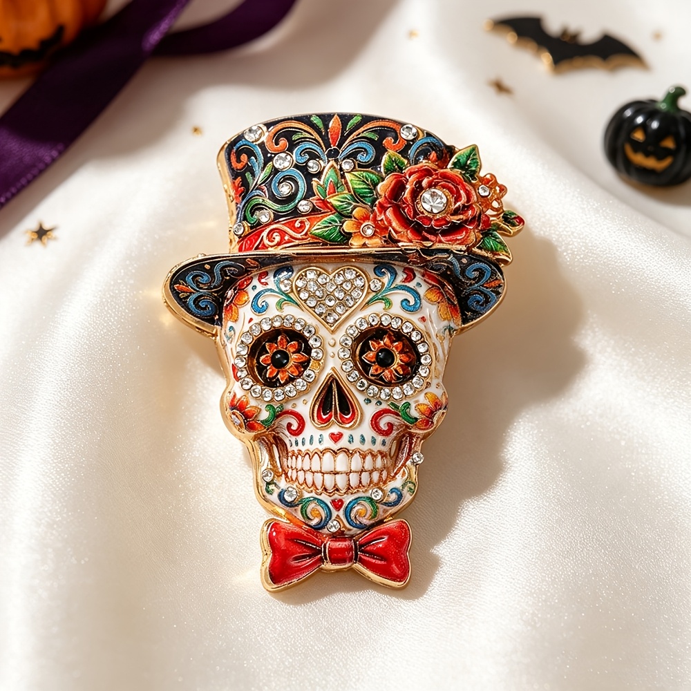 TEMU Halloween Painted Candy Skull Brooch With Bow, High Top Hat And Red Rose Pin Accessory, Suitable For Suits, Coats, Hats, Mexican , Halloween