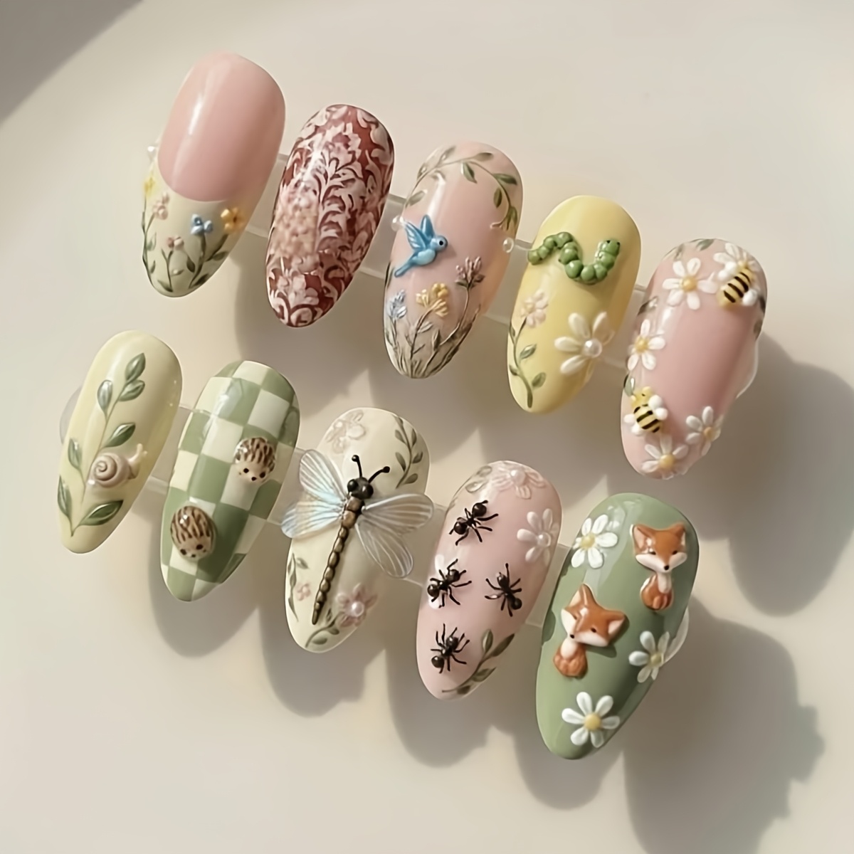 TEMU 10pcs Almond-shaped Press-on Nails Suitable For Women's Medium-length False Nails With Dragonfly, Ant, Bee & Floral Designs, Glossy Tips For