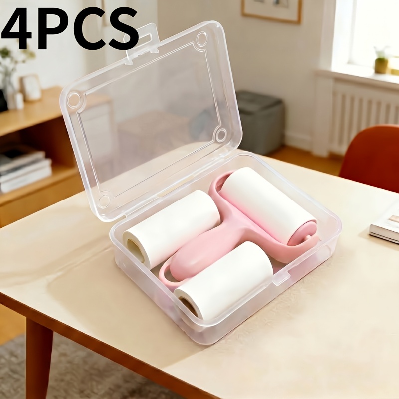 TEMU 4pcs (pink Lint Rollers And 2 Rolls And Storage Box) Portable Mini Lint Rollers (with Replacement) - Hair Cleaner, Suitable For Clothing, Dust