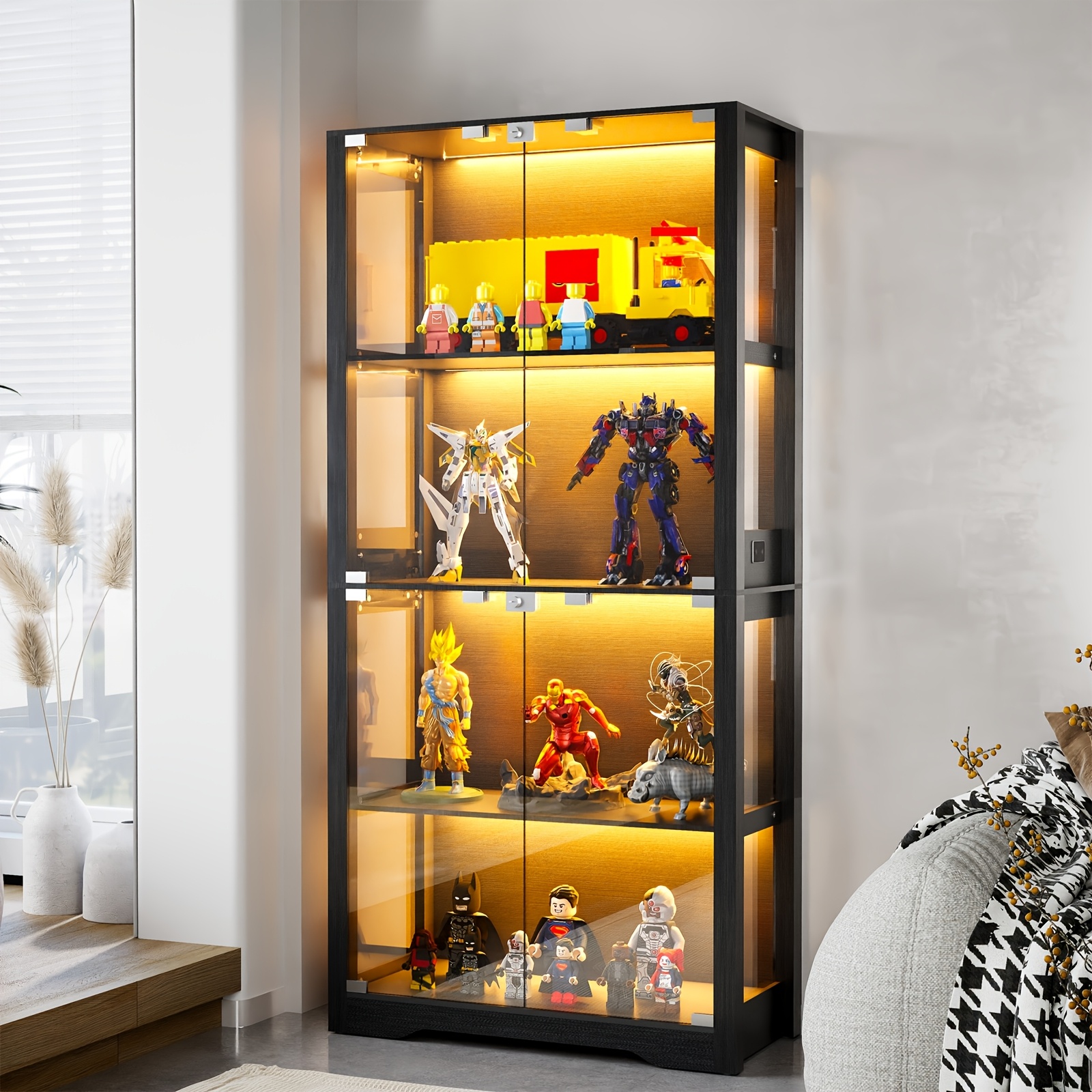 Double-opening Glass Door Four-layer Display Cabinet With Lights, Vertical Dustproof Display Cabinet For Hand-made Building Blocks And Collectibles, Floor-standing Display And Storage Cabinet