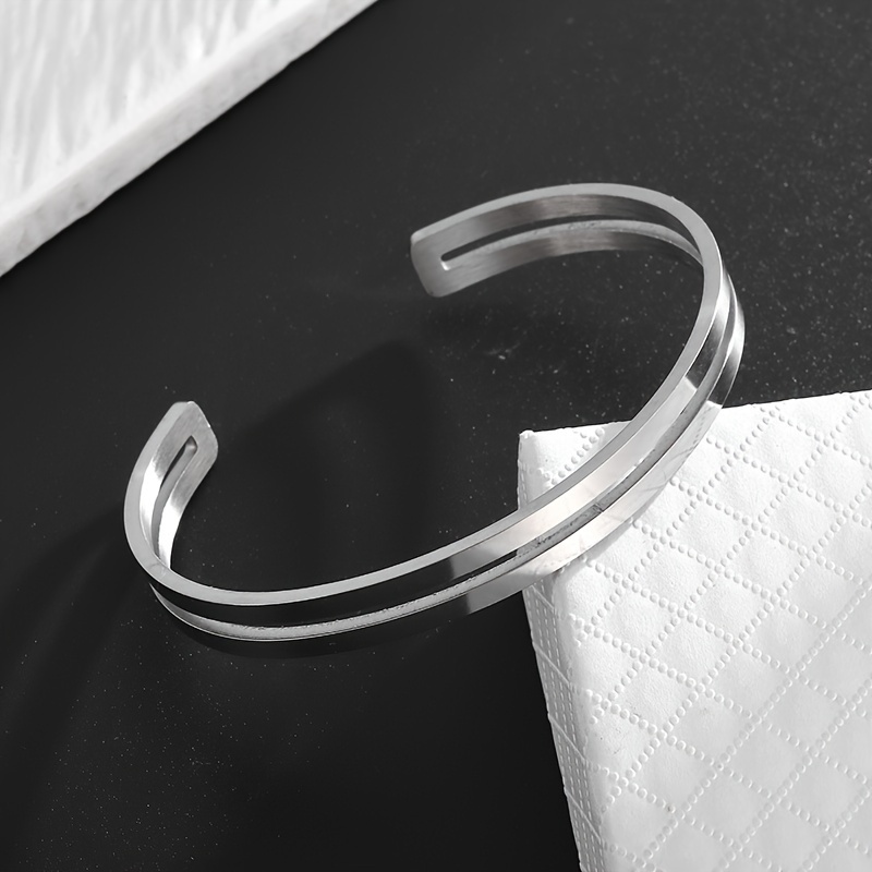 TEMU 1pc Stainless Steel High Quality Double Layer Glossy Cuff Opening Bangle Bangle Bracelet For Men And Women Daily Casual Fashion Versatile Trendy