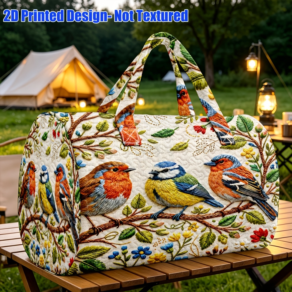 TEMU 1pc Cream Bird Branch Quilted Boston Bag Suitable For Ladies, Woodland Nature Style With Print, Zipper Closure Handbag, Machine Washable Tote