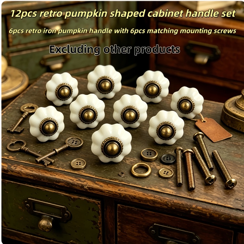 TEMU 12pcs Vintage Pumpkin-shaped Cabinet Pull Handle Set, 6pcs Pumpkin Handles With 6pcs Matching Mounting Screws, Antique Bronze Finish Decorative