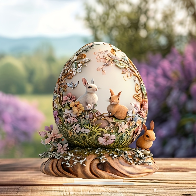 

An Egg With A Small Rabbit And Flower Pattern 2d Easter Theme, Acrylic Ornament, Suitable For Home, Office , Desktop Decoration, Spring And Easter Atmosphere, 6.7"x8" 1pc