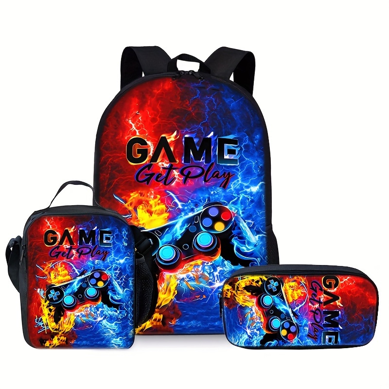 

Casual Fashion Gamepad Print 3pcs Knapsack With Hand Bag And Pouch, Adjustable Strap And Large Capacity, Zip Up, Trendy Backpack For Travel And School