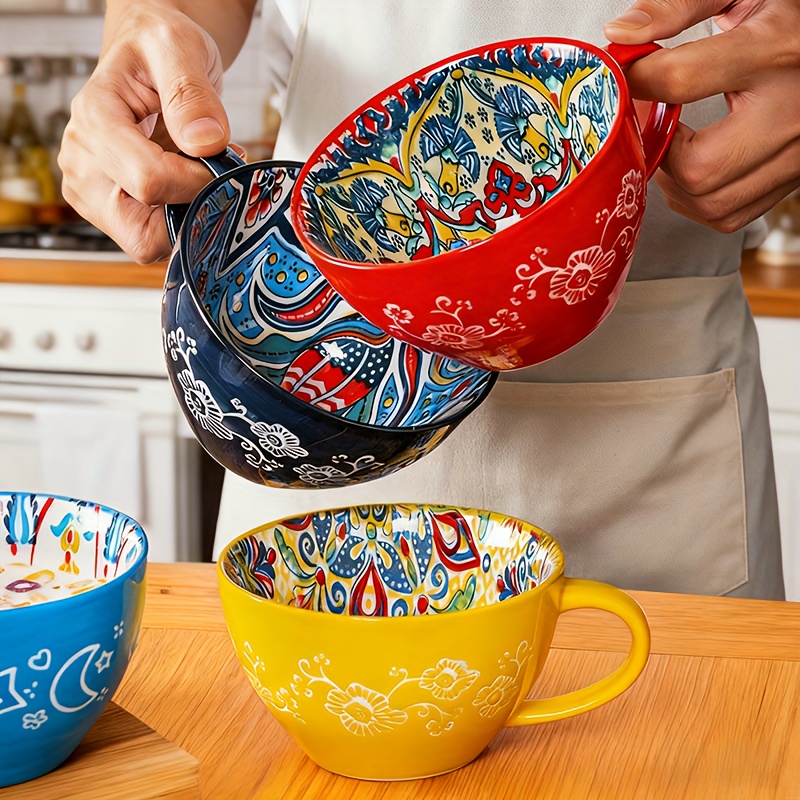 * 1 Set of 2 Bohemian Ceramic Mugs, 6-Inch Large-Capacity. * Suit Iced  Coffee, Hot Milk * And Work for Office, Meetings, Outdoor Leisure. * *  Microwave to Heat Drinks, Better Chilled in Fridge