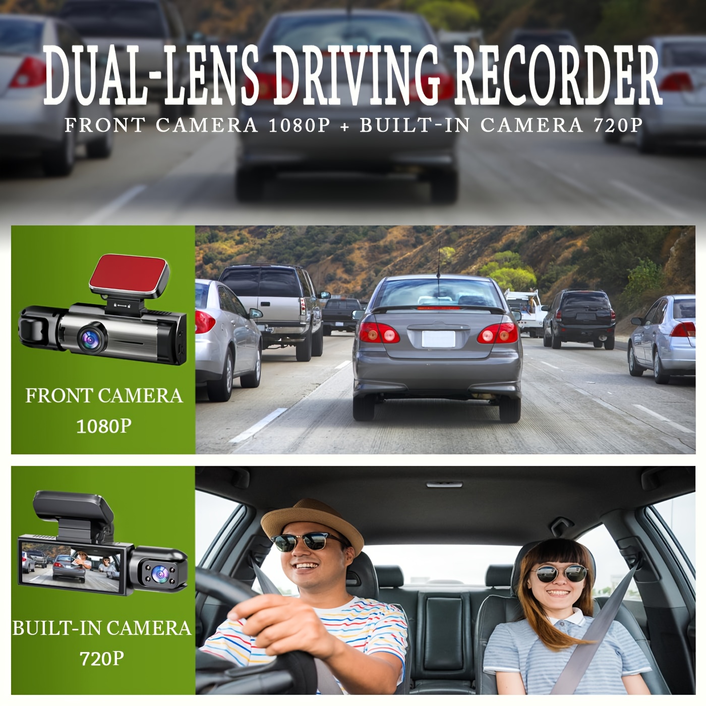 Caméra de tableau de bord double 1080P+720P pour voitures avec vision nocturne IR, enregistrement en boucle et objectif grand angle - Écran IPS de 8,03 cm, caméra arrière 720P, carte 32 Go en option