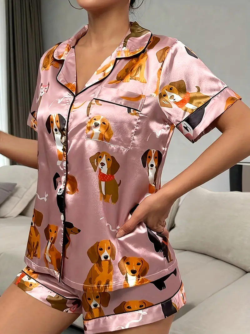 2pcs set of satin bean paste cartoon dog pajamas womens short sleeved stand up collar top and shorts pajamas 2pcs set Product details 1