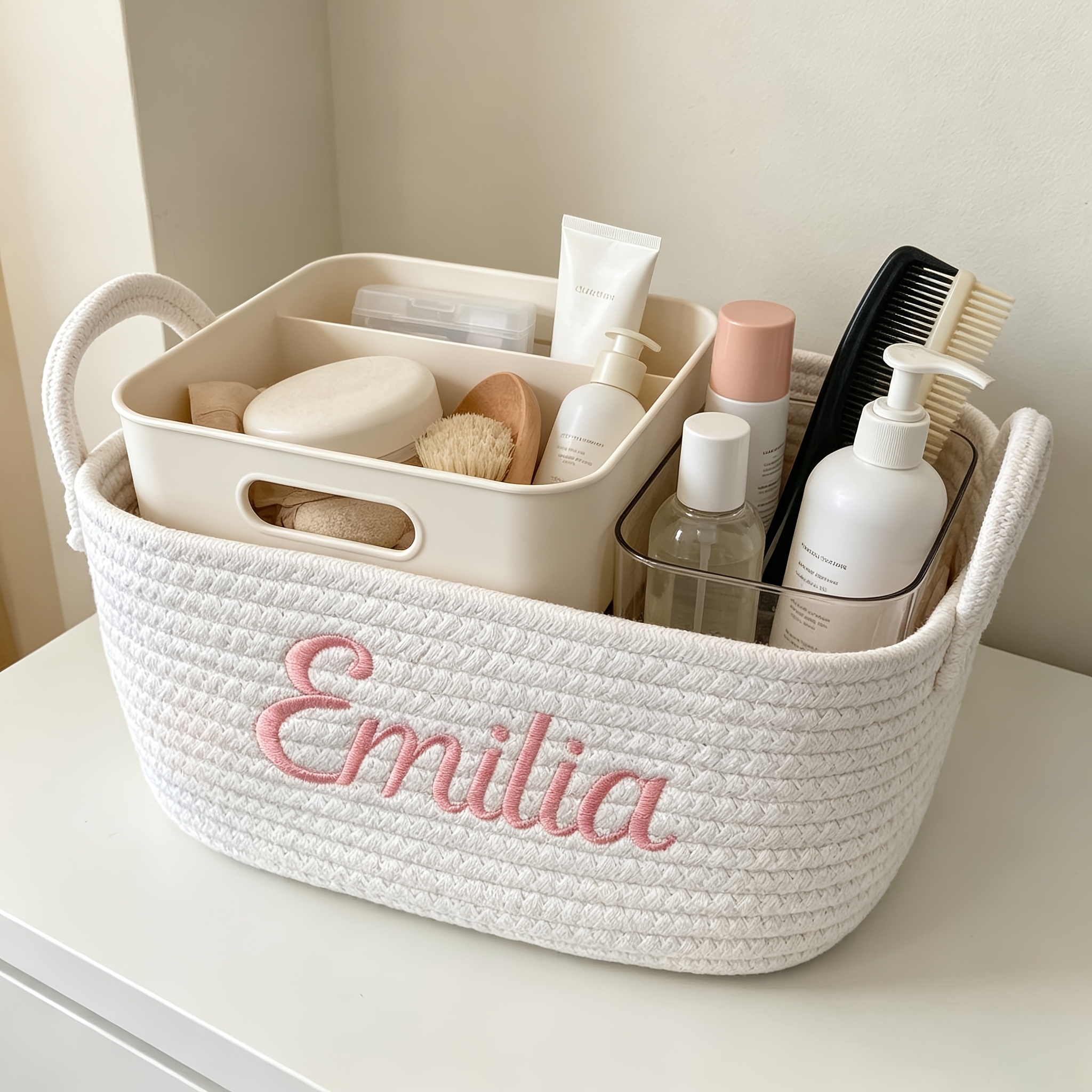 TEMU Bohemian Hand-woven Storage Basket With Custom Name/text Embroidery - Large Fabric Organizer Suitable For,, Bathroom, Desk - Diy Gift Basket For