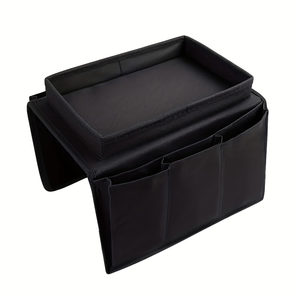 Sofa Armrest Tray Organizer - Hard Surface Caddy With Cupholder And Remote Control Holder | Snack, Tablet, Book Tray For Living Room, Bed, Couch | Sturdy And Decorative Storage Shelf (black)