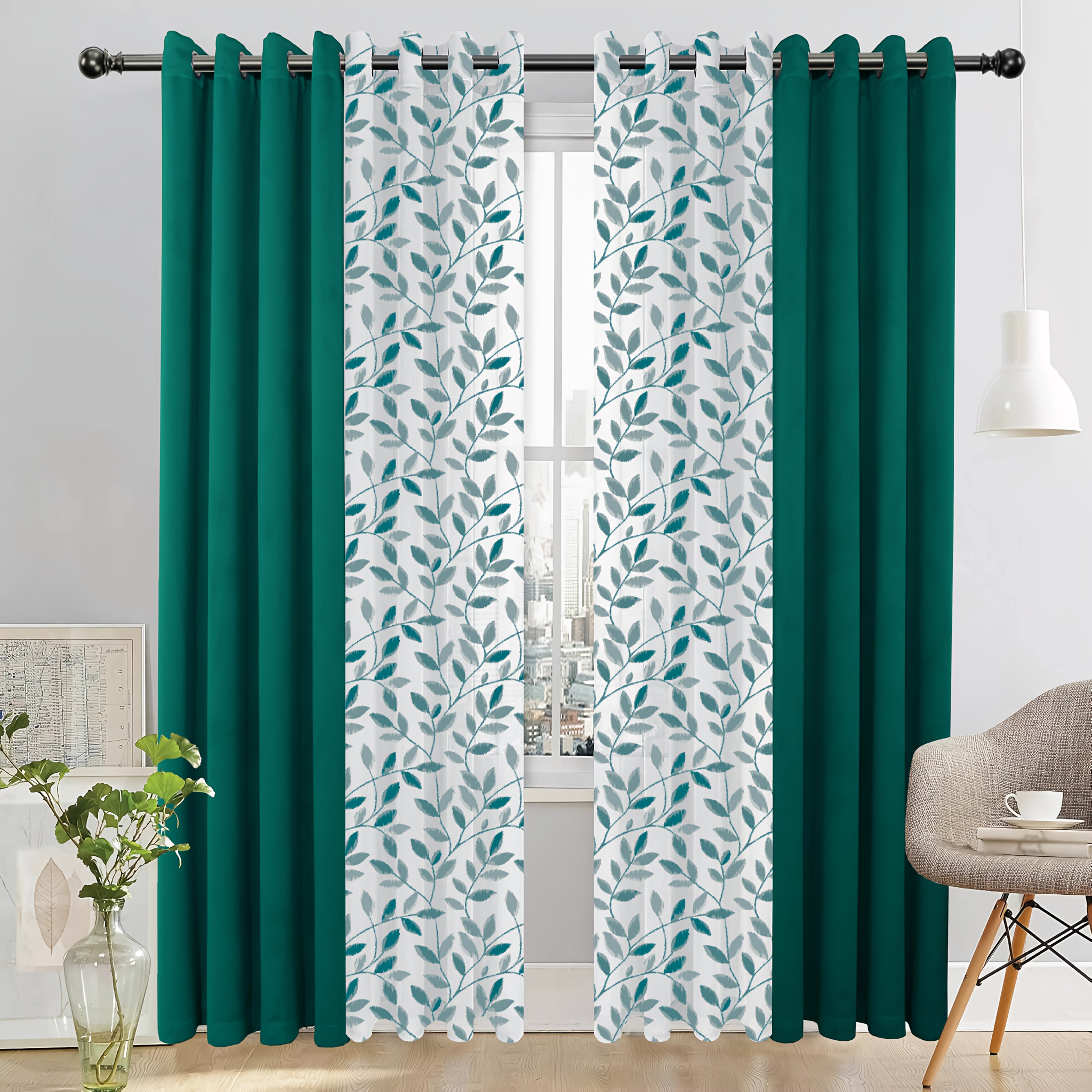 Elegant 4pcs Blackout Curtain Set with Spring Leaf Print
