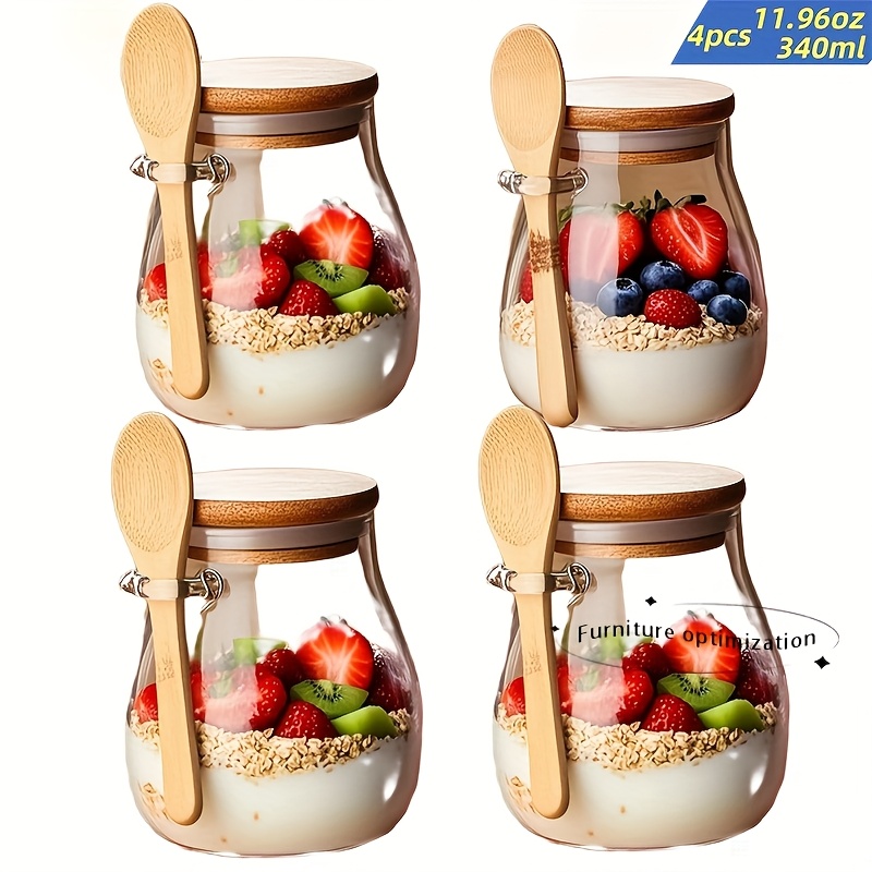 item picture 4pcs set of 11 96oz glass cups glass   containers 4pcs overnight oats cup set overnight oats containers with sealing lids and spoons salad bowls oatmeal jars oatmeal cups yogurt jars wide mouth mason salad jars meal prep