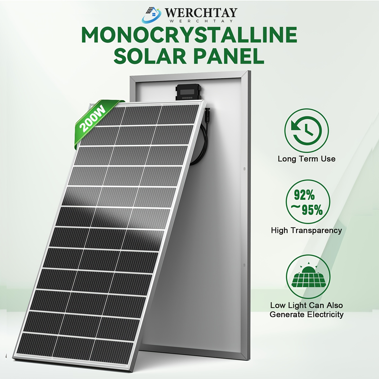 Werchtay , 200w/200w*2 25.5% Conversion 12v Monocrystalline Solar Panel Module System, 18bb Hidden Design A+ Grade Chip Photovoltaic Module, For Outdoor Rv Camping, Marine , Home Roofs