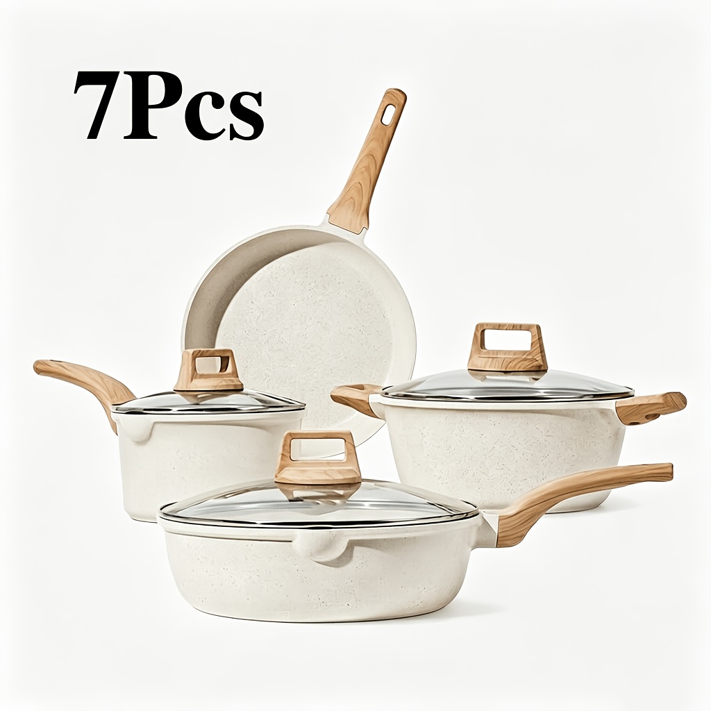 7pcs non stick cookware set white granite end suitable for induction cookers gas stoves and ovens soup pot milk pan and frying pan ideal holiday gift