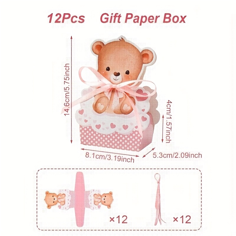 E-shop 12 Stück, Rosa Bären Geschenkboxen, Liebe Herz Schleifenband Papier Geschenkverpackung, Baby Shower Party Dekoration, Gender Revealing Party