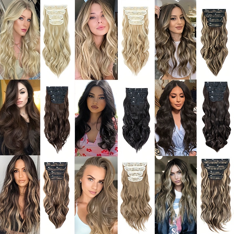 4pieces set long wavy   clip in hair extensions 22inch 55cm soft hairpieces curly thick   double weft hairpiece top synthetic hair highlight   blonde for women party cosplay christmas halloween dating daily use details 9