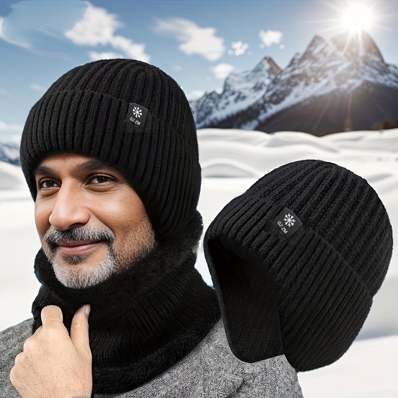 

1pc Winter Beanie For Men With Ear Flaps, Stretch Knit Hat, Polyester, Solid Color, Ideal For Christmas, New Year, Father's Day Gift - Black
