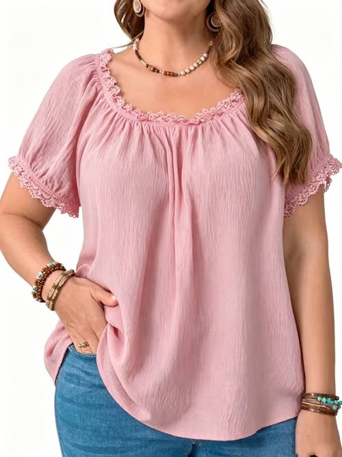 plus size plus size womens lace trimmed round neck puff sleeve blouse casual loose fit summer top
