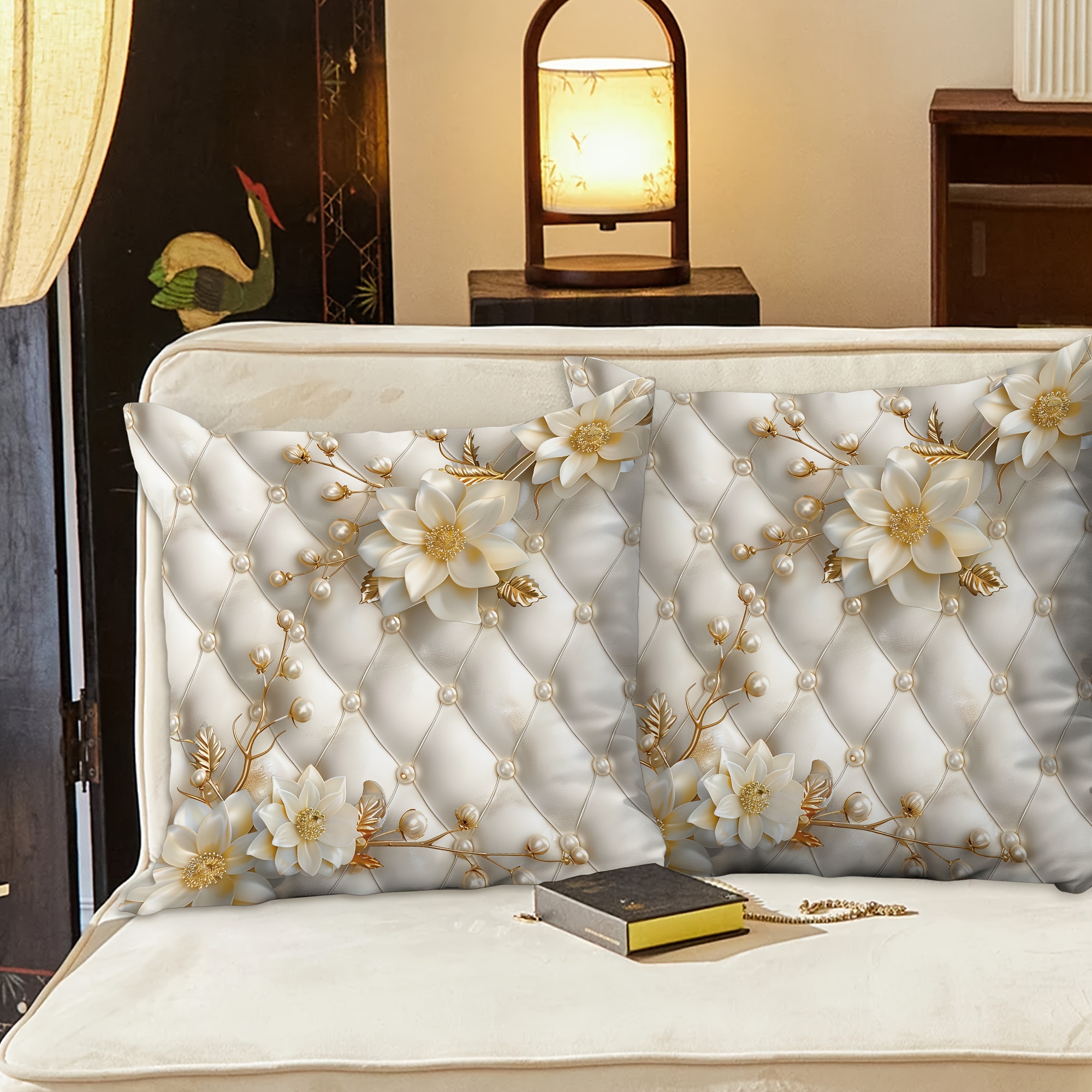 

2 Pcs Velvet Throw Pillow Covers: Modern 3d Floral Design In White And Golden - Suitable For Living Room, Bedroom, Sofa, And Bed Decoration