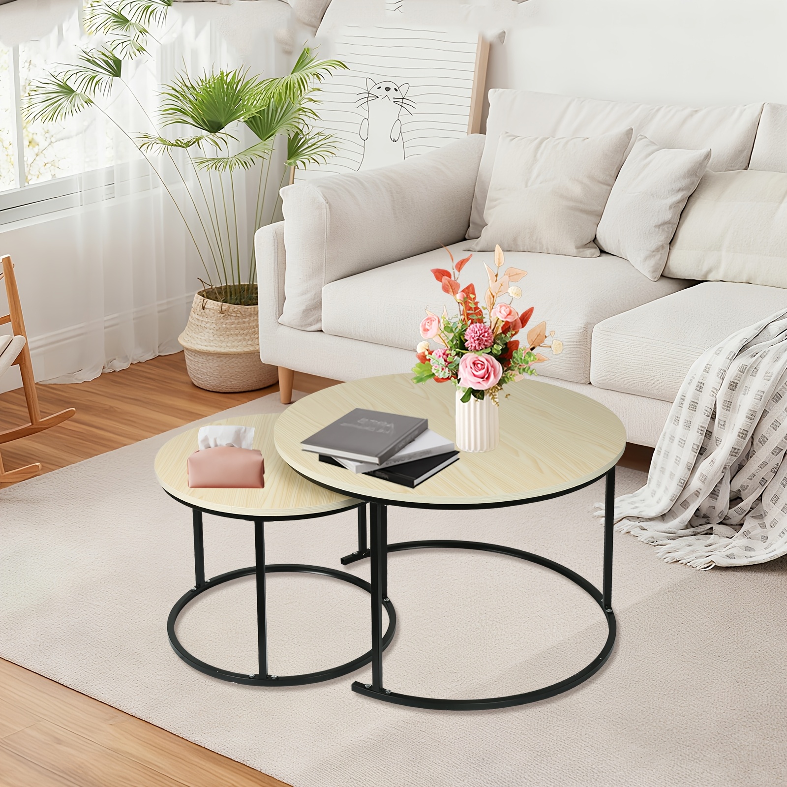 TEMU Two-piece Round Nesting Coffee Table Set, Stackable, , Metal Legs, Suitable For Living Rooms, Dining Rooms, Bedrooms, , Easy To Assemble,