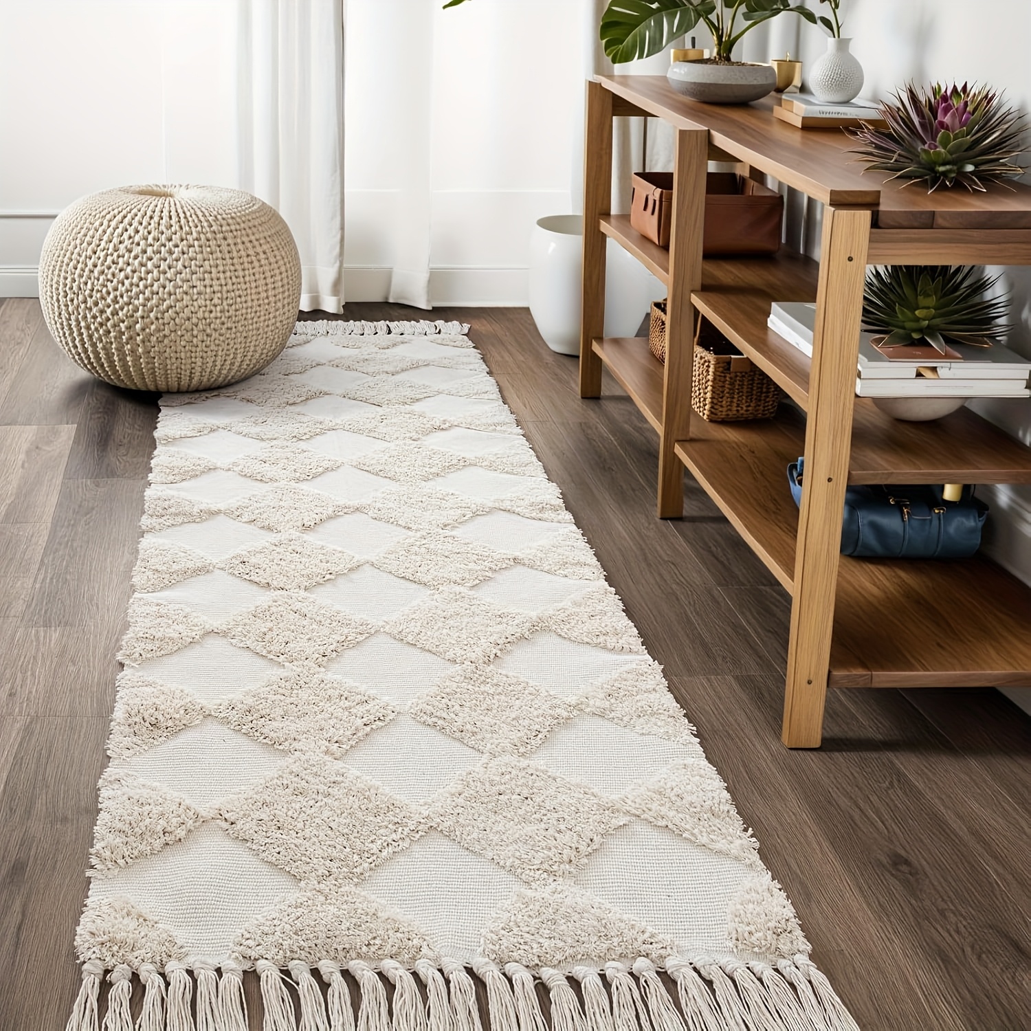 Image of Bohemian Checkered Rug For Hallway, Beige Farmhouse Kitchen Rug, Washable Runner Rug, Hand-woven Fringe Boho Rug For Porch, Bedroom, And Living Room