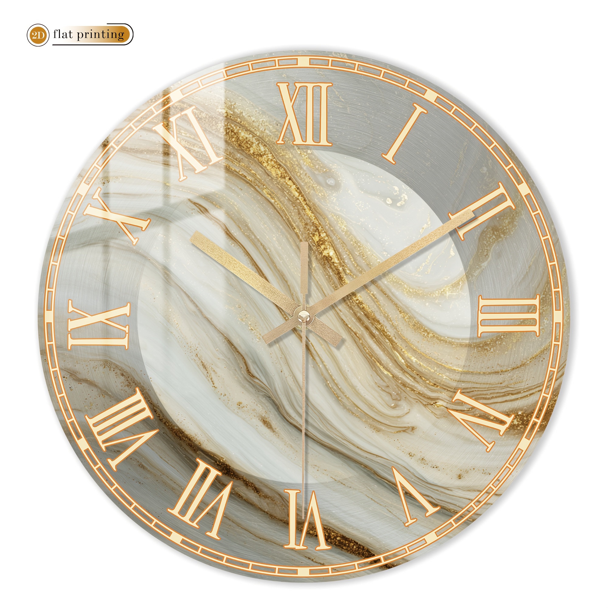 TEMU [2d Flat] 1pc Marble Pattern Wall Clock With Golden Roman And Hand, Round Wooden Home Silent Wall Clock, Suitable For Decorating Living Rooms,