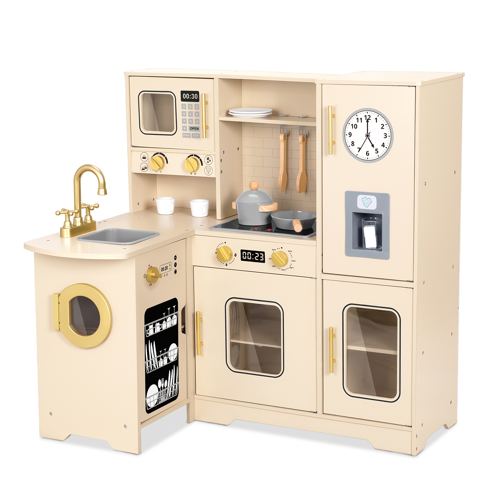 

Golden Wooden Kitchen Playset With Lights & Sounds - Realistic Toy With Clock, Stove, Sink, Oven, And More - Ideal Pretend Play Gift For