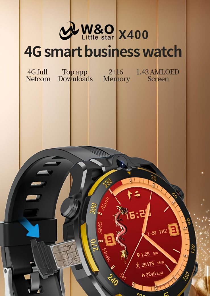 Montre Connectée 4G pour Homme - Inclut Carte SIM, 2+16 Go de Stockage, Écran HD 1,43 pouces, Caméra 30W, Wireless 5.0 et Wifi, Plus de 100 Modes Sportifs, NFC, Prend en Charge Plusieurs Langues, Podomètre, Peut Répondre/Passer des Appels