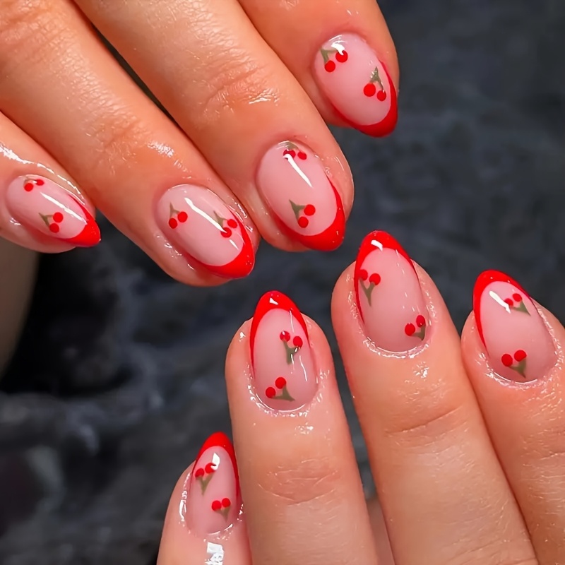 24pcs Short Oval Press-on Nails With Glossy Finish, Sweet Cherry Design, Includes Nail File And Jelly Glue