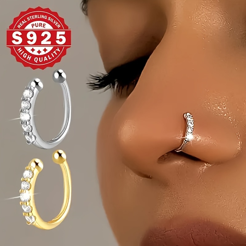 

1pc Bohemian Sexy Style Faux Nose Ring, 925 Sterling Silver With Cubic Zirconia, No Piercing Needed, Fashion Hip Hop Accessory