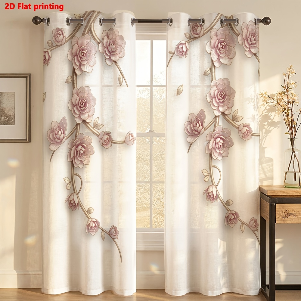 Image of 2d Flat - 2d Flat 2pcs Curtains, Delicate Floral Vine Design, Light Filtering For Living Room, Bedroom, Home Decoration
