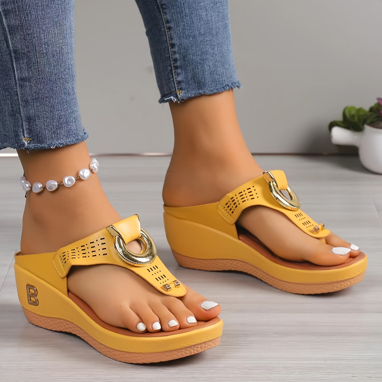 Women's Wedge Heel Sandals with Golden Metal Buckle and Laser Cut Design - Breathable Synthetic Upper, Cushioned Insole, Suitable for Summer Casual and Formal Wear
