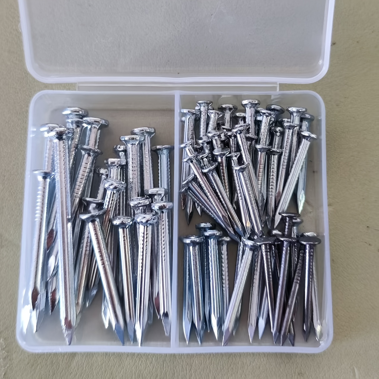 77pcs Mixed - High- Nail Assortment Kit - Durable Cement Nails And Carpenter Nails, Wall And Purpose Nails, 6 Sizes, Includes Clear Plastic Storage Box, Carpenter Nails