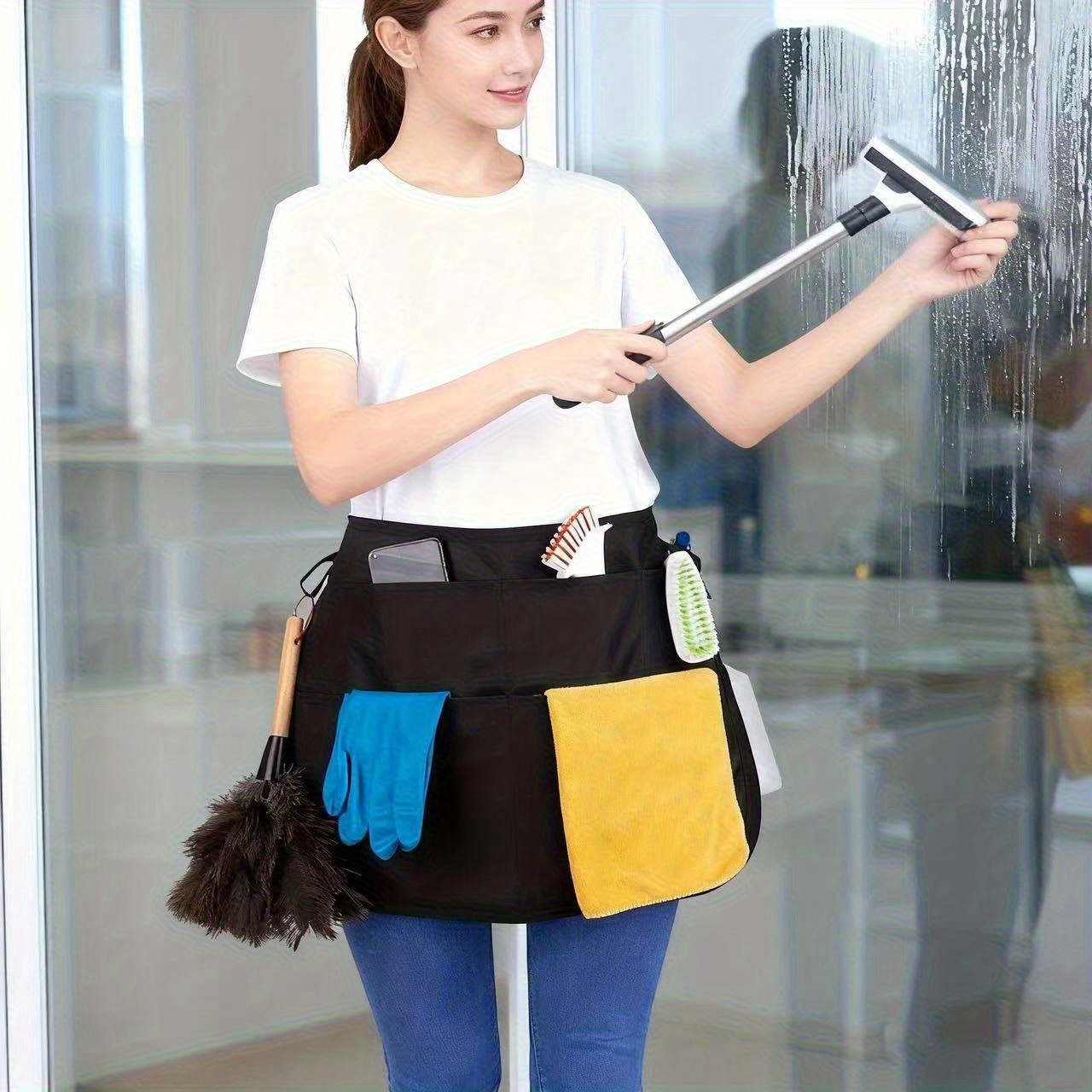 an adjustable professional waist apron with 5 pockets suitable for professional hairdressers and makeup artists as well as for household cleaning and waiter use features a durable adjustable waistband design and   5 large capacity pockets